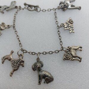 Vintage Silver Tone Charm Bracelet With 7 Dog Charms